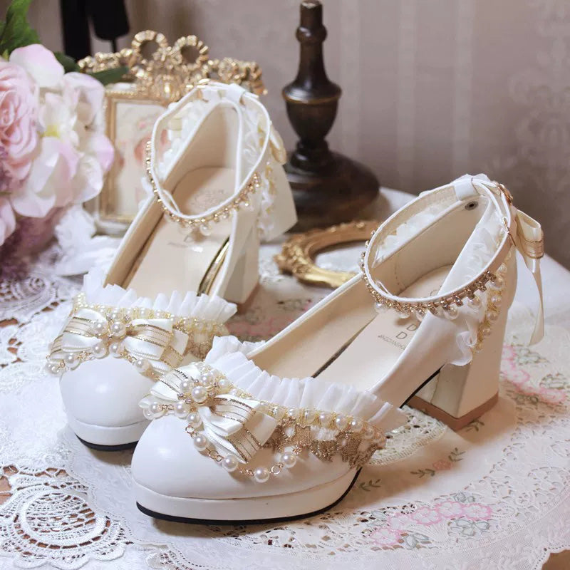White Wedding Style Bow Pearl Detail Sweet Luxurious Lolita High Heels
