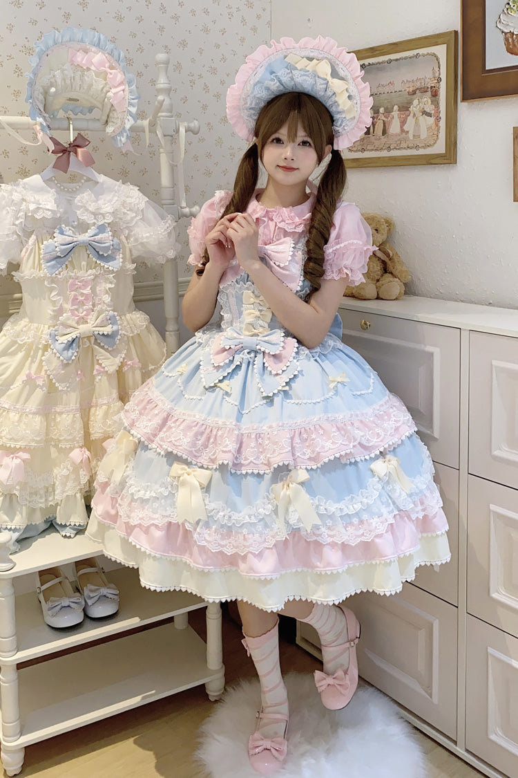 Robe Jsk Sweet Lolita en dentelle avec nœud à volants multicouches sans manches bleu/rose [gâteau fondant] 