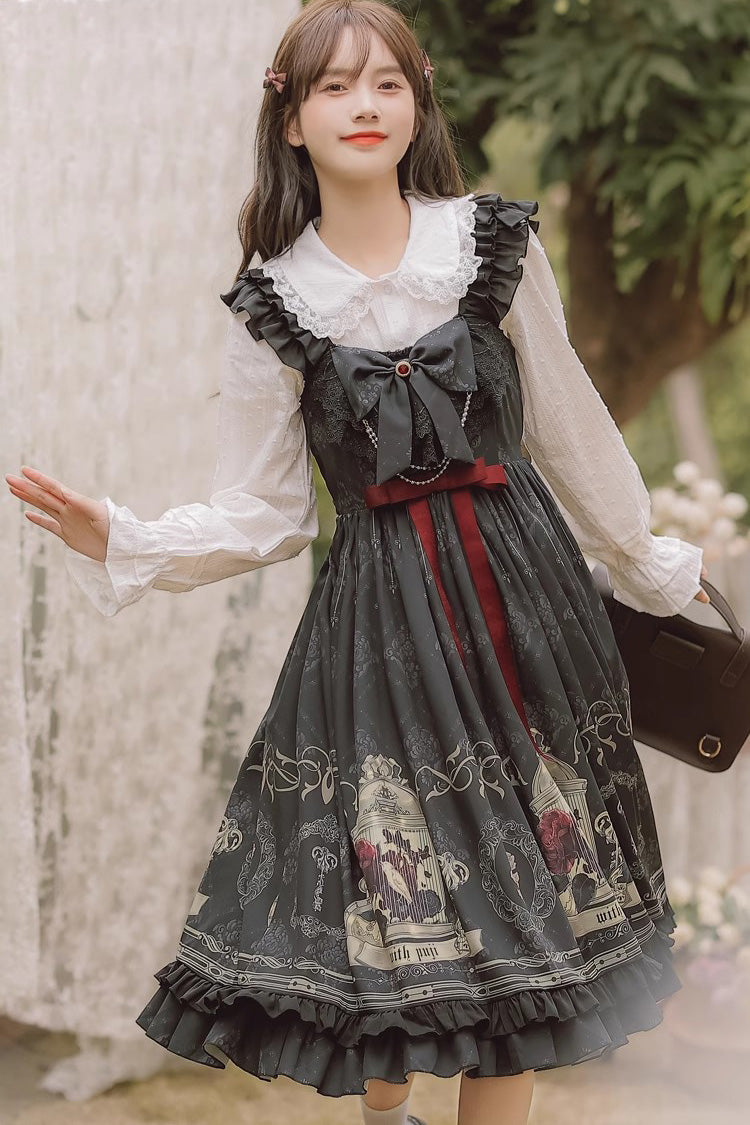 Black Birdcage Rose Print Ruffle Bowknot Gothic Princess Lolita Dress