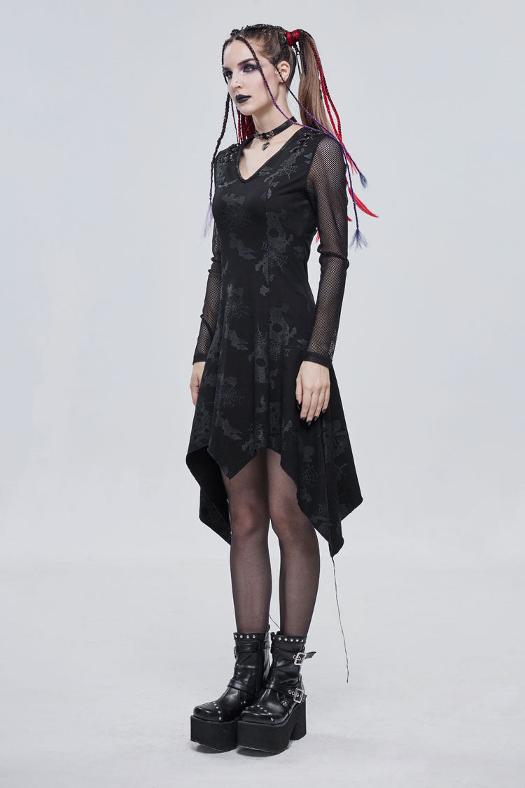 Black Shoulder Cutout Tie Rope V Neck Pattern Print Decorative Women's Gothic Dress