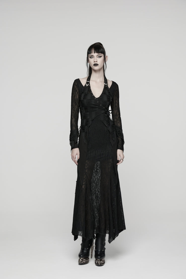 Schwarzes schulterfreies Neckholder-Punk-Kleid mit langen Trompetenärmeln von Hanayome