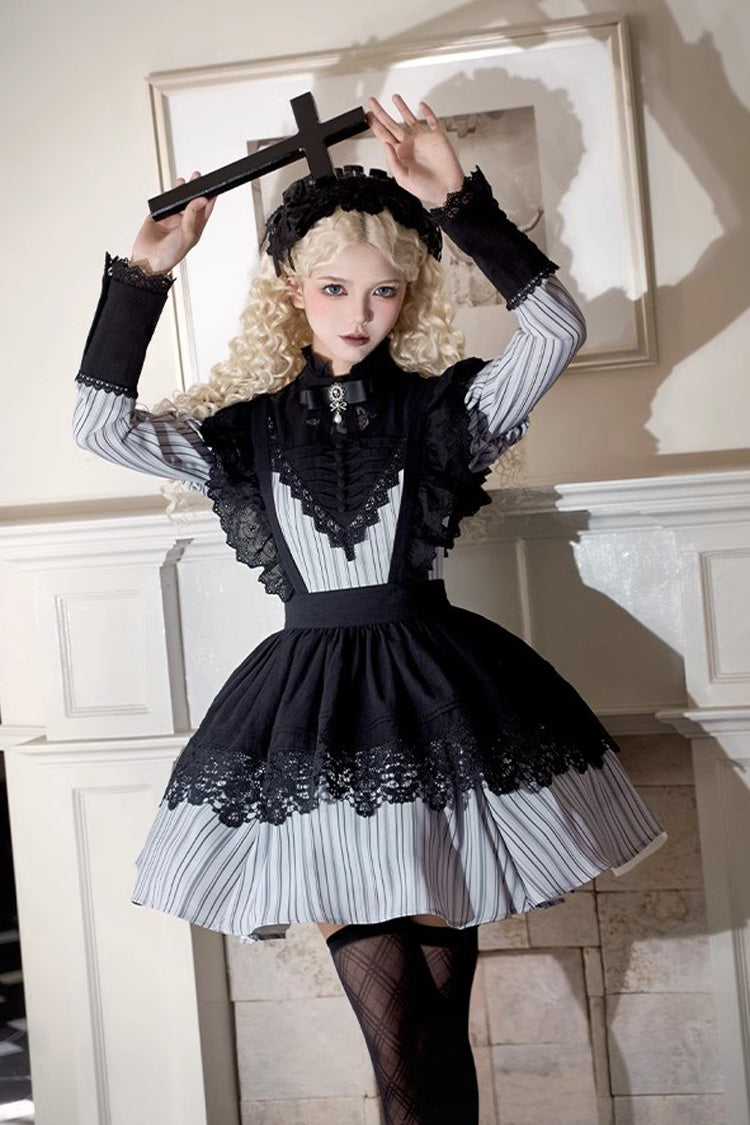 Light Grey [Nocturne] Vertical Stripes Print Ruffle Bowknot Lace Gothic Lolita Dress 2 Versions