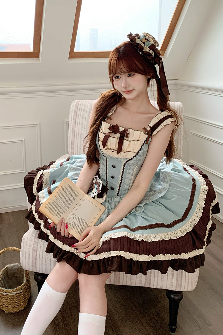 Green/Brown [Mint Chocolate] Sleeveless Triple-Layered Ruffle Bowknot Sweet Lolita Jsk Dress