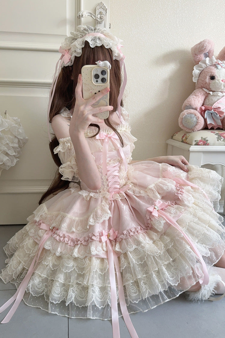 Pink [Ribbon Heart Love] Sleeveless Multi-Layered Ruffle Bowknot Lace Lace-Up Sweet Princess Ballet Lolita Jsk Dress