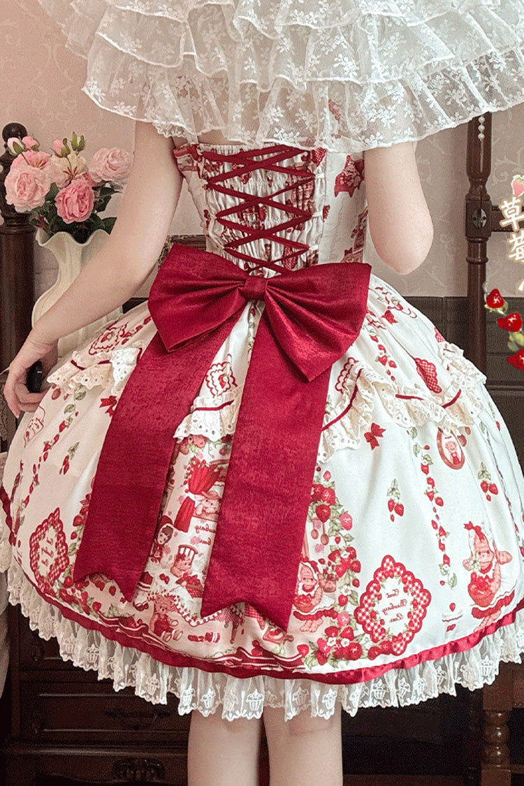 Ivory/Red [Strawberry Bear] Sleeveless Print Ruffle Embroidery Bowknot Lace Sweet Lolita Jsk Dress