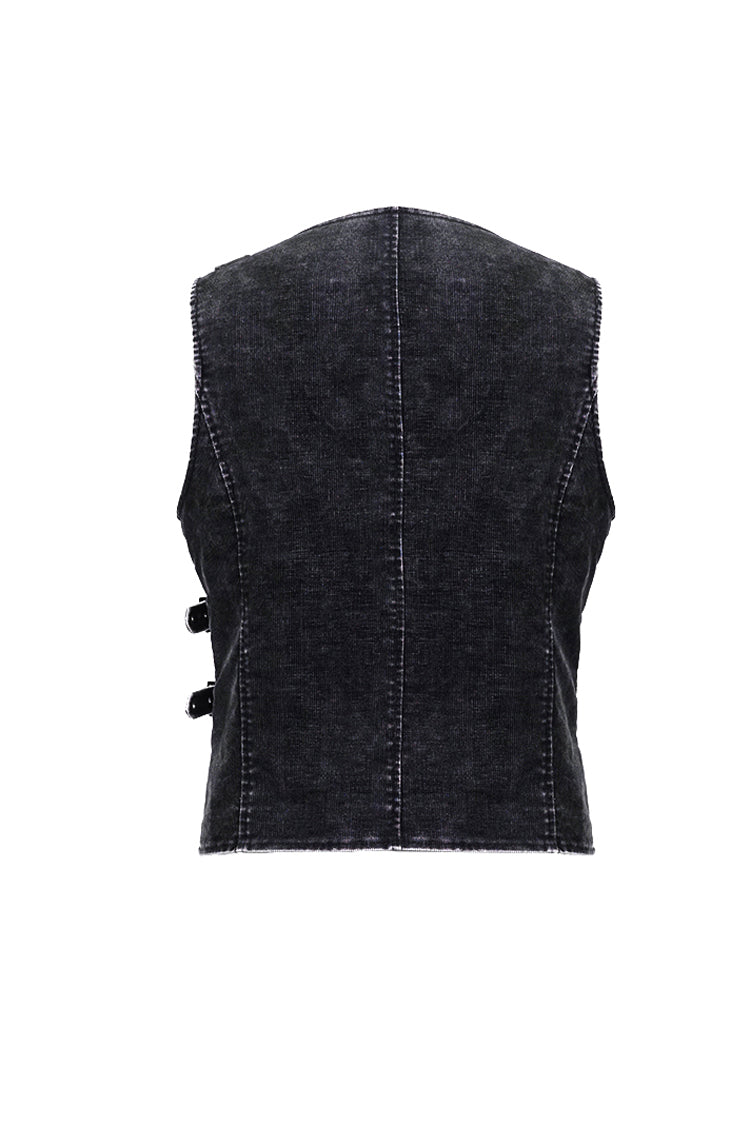Black V Neck Asymmetric Lace Up Leather Loop Shoulder Rivet Corduroy Men's Punk Waistcoat