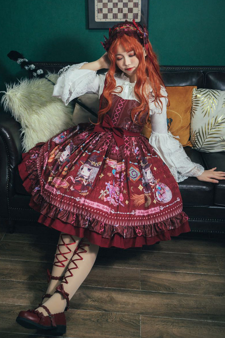 Robe Jsk Lolita élégante et douce à nœud papillon à volants imprimés sans manches [Petite Sorcière] rouge 