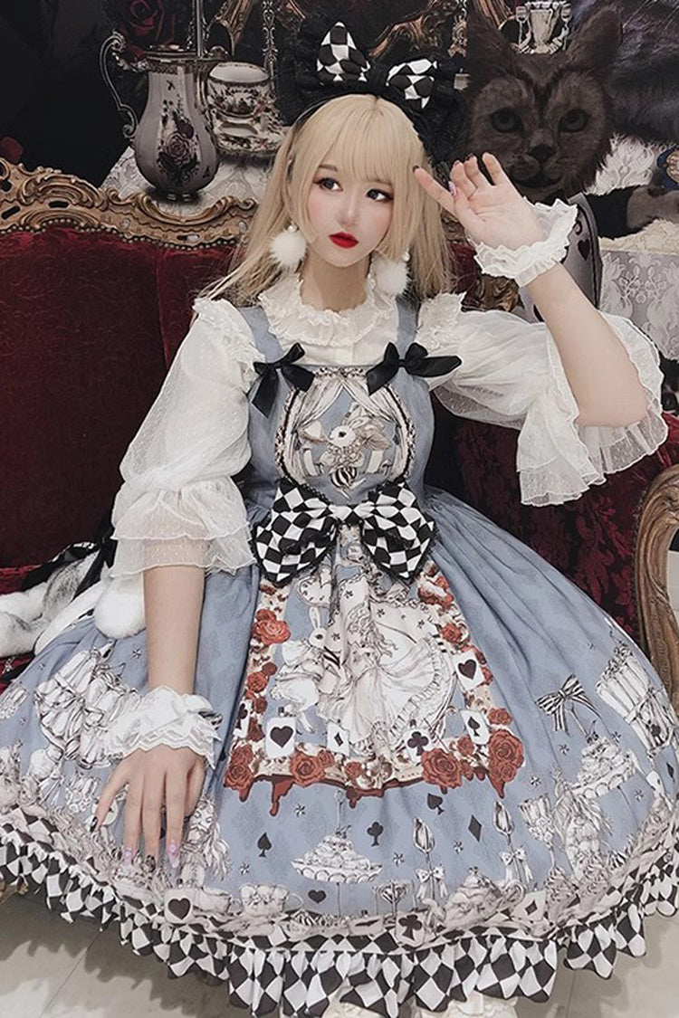 Multi-Color Blue Alice Bunny and Princess Party Print Sleeveless Bowknot Classic Gothic Lolita JSK Dress