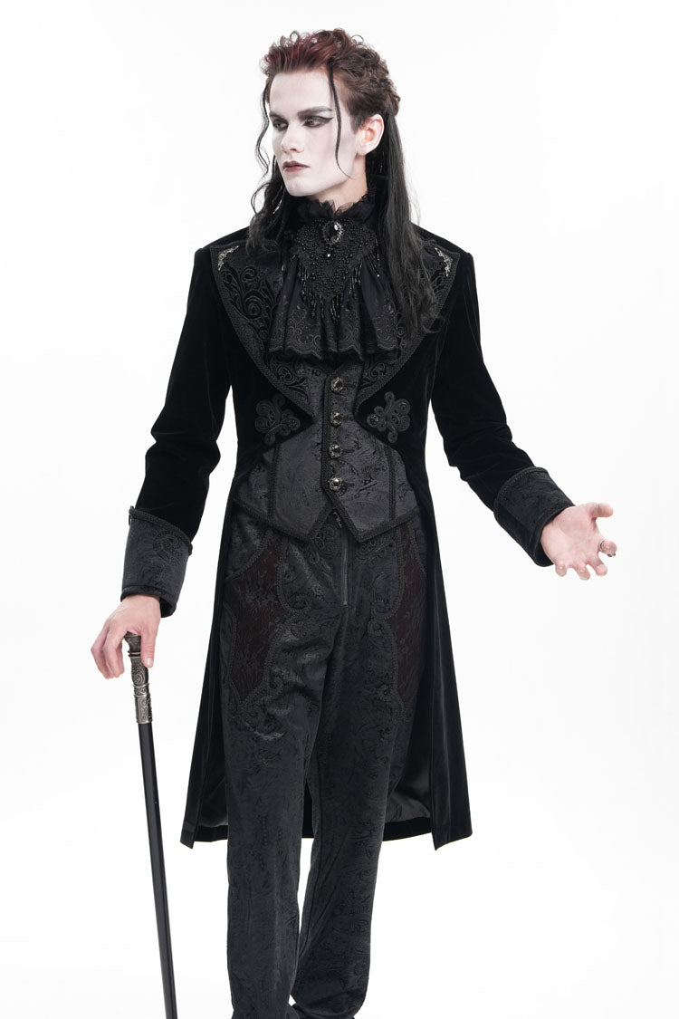 Black Long Sleeves Button Floral Embroidery Men's Gothic Jacket