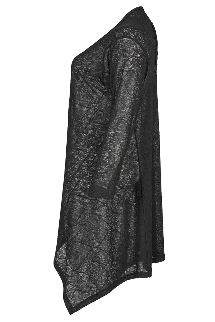 ブラックソフトニットまだらテクスチャ非対称裾スカルデカール背面に女性のプラスサイズのゴシックジャケット