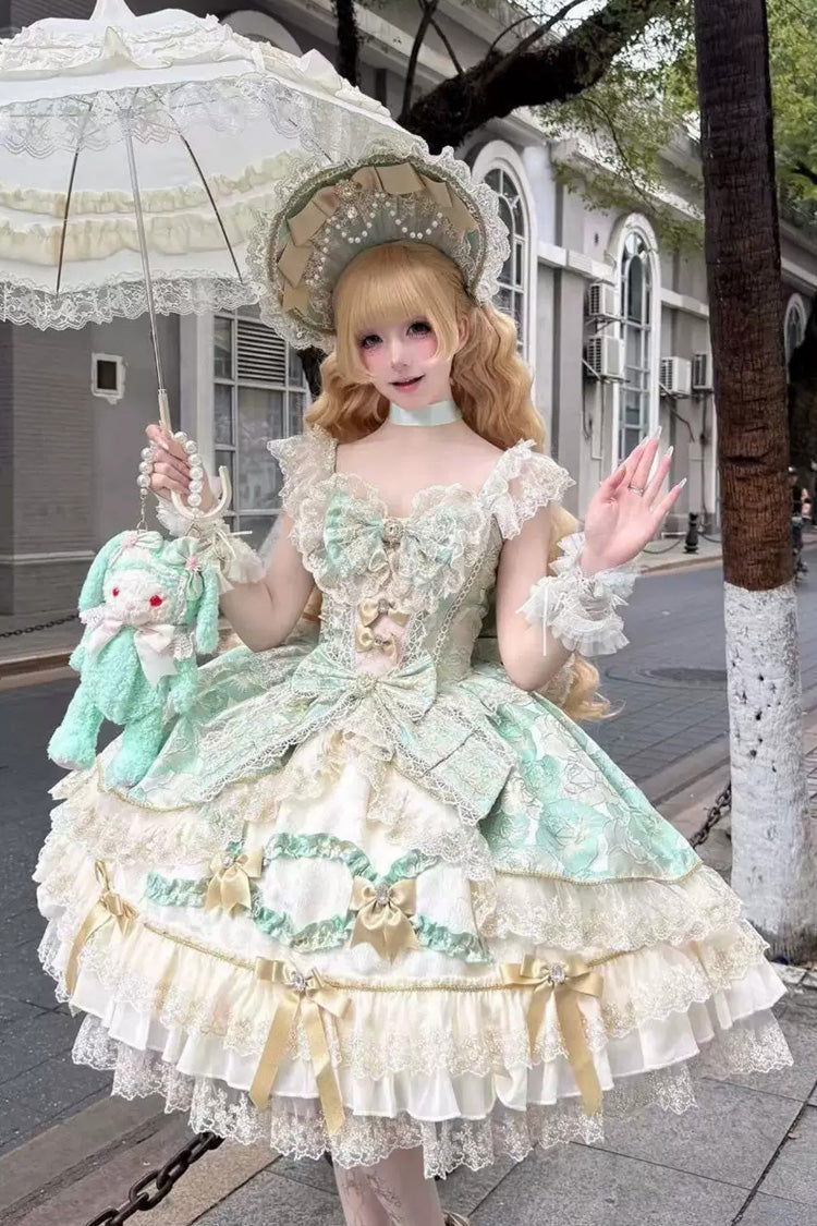 Robe verte [Valse dorée], col carré, sans manches, imprimée, à volants, nœud brodé, dentelle, magnifique, douce, Lolita Jsk