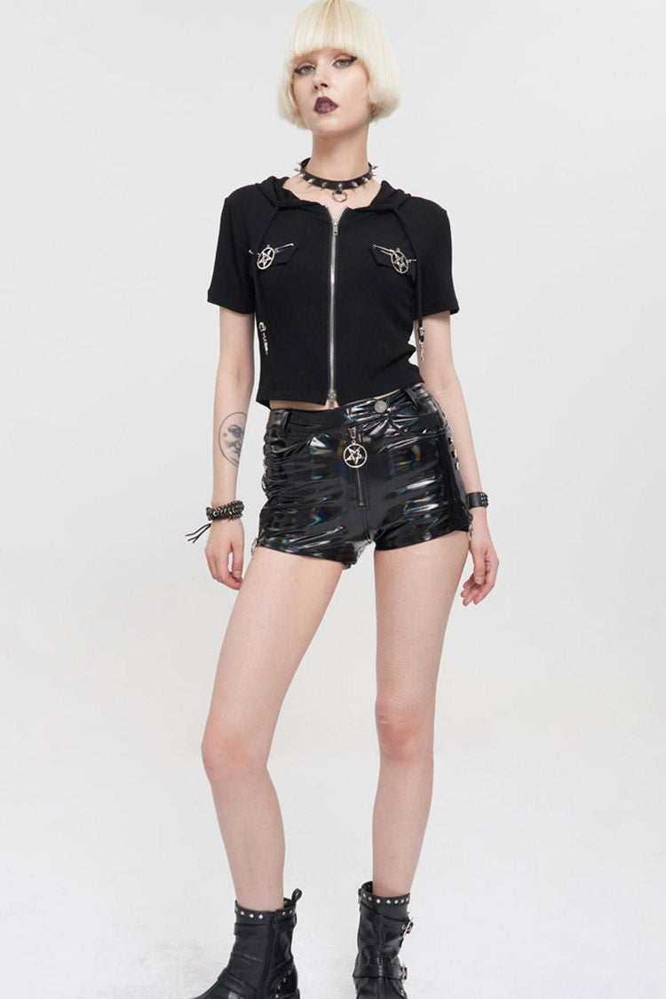 Black Punk Front Metal Zipper Pentagram On Both Sides Hooded Women's T-Shirt