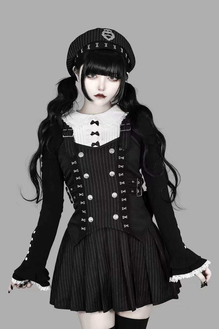 黒の恋人ネックラインノースリーブハイウエストボタン付きリボンプリーツ女性の日本ジライケイピナフォアドレス