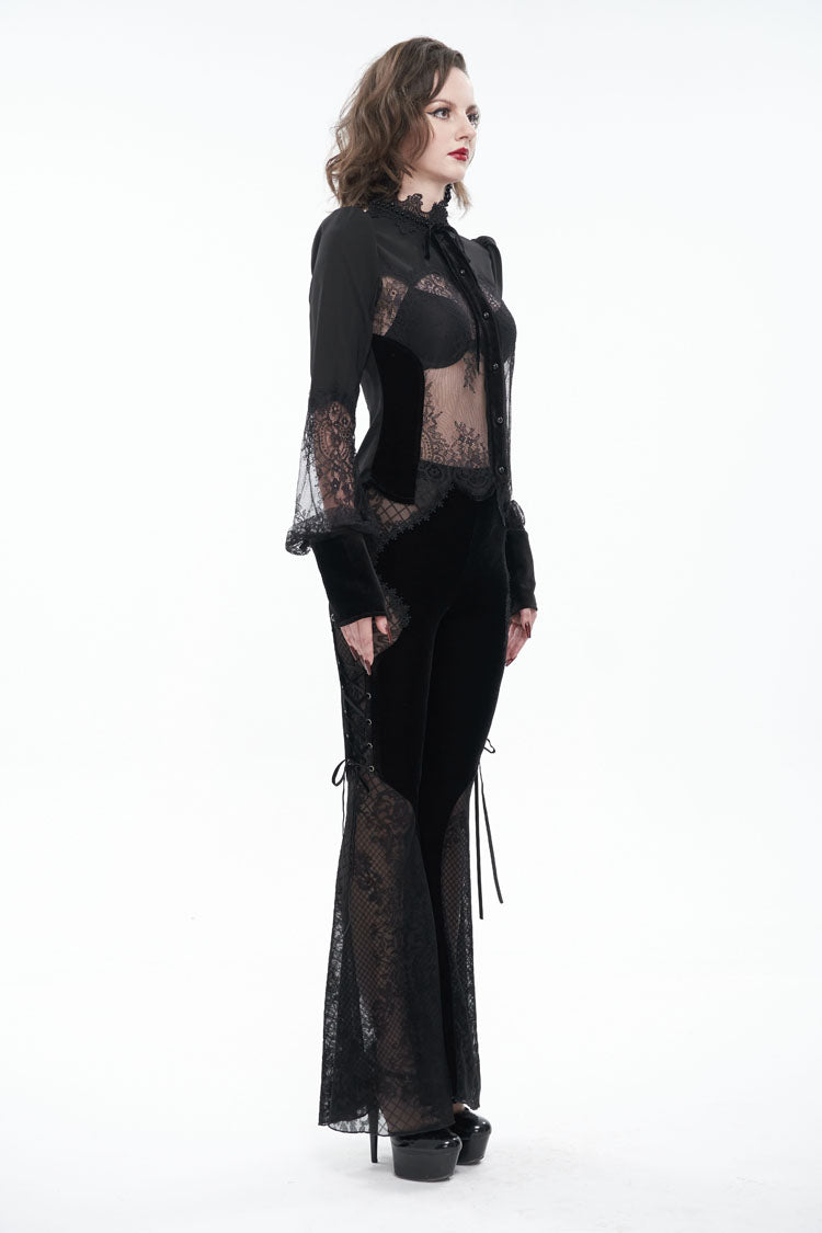 Schwarzes langärmliges Gothic-Hemd für Damen mit hohem Kragen, durchscheinender Spitze und Patchwork-Schleifendekoration