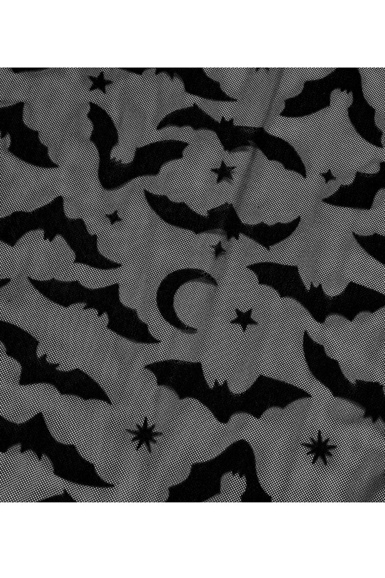 Black Minimalist Flared Sleeve Bat Moon Flocking Print Pattern Long Sleeves Punk Women's Dress