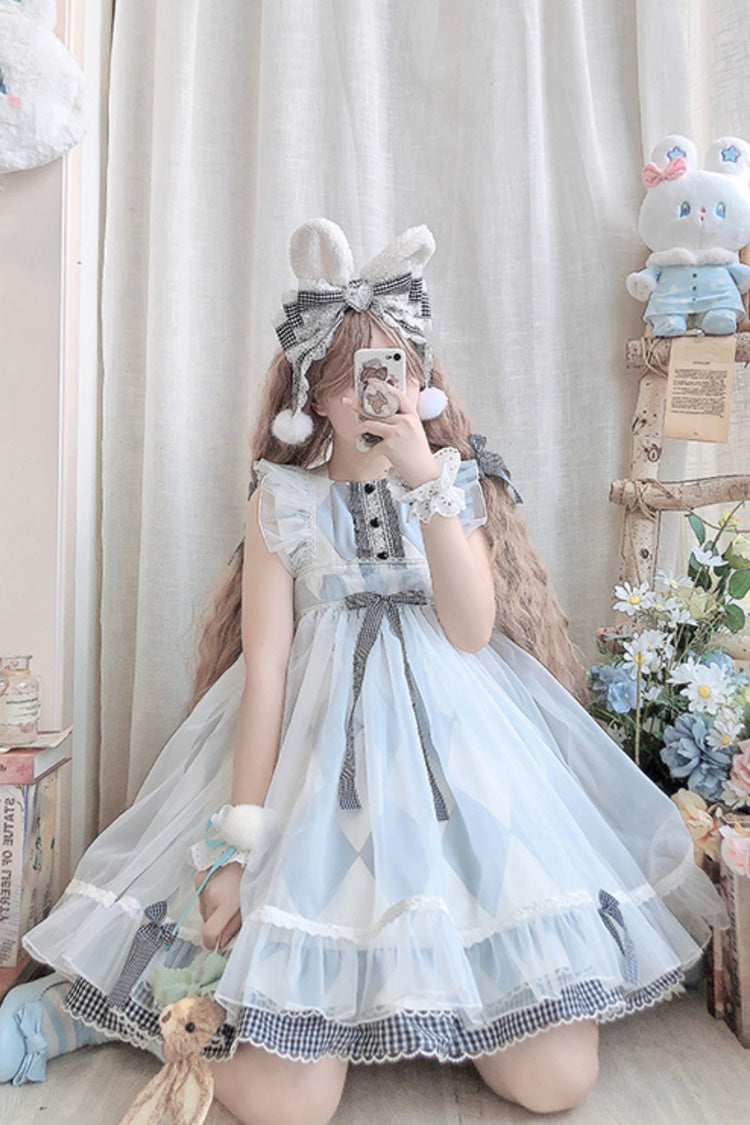 White/Blue Sleeveless Diamond Plaid Print Bowknot Alice Sweet Lolita JSK Dress