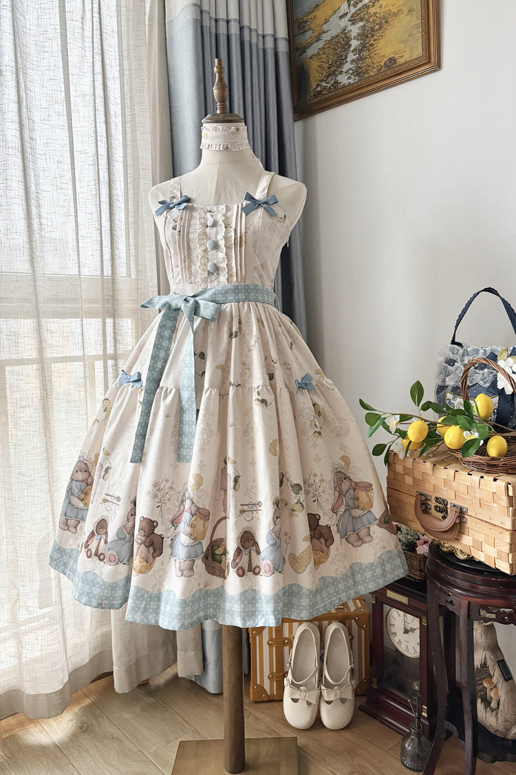 Elfenbein [Midsummer Bunny Bear] Süßes Lolita-Kleid mit bedruckter Rüschenschleife, 2 Versionen
