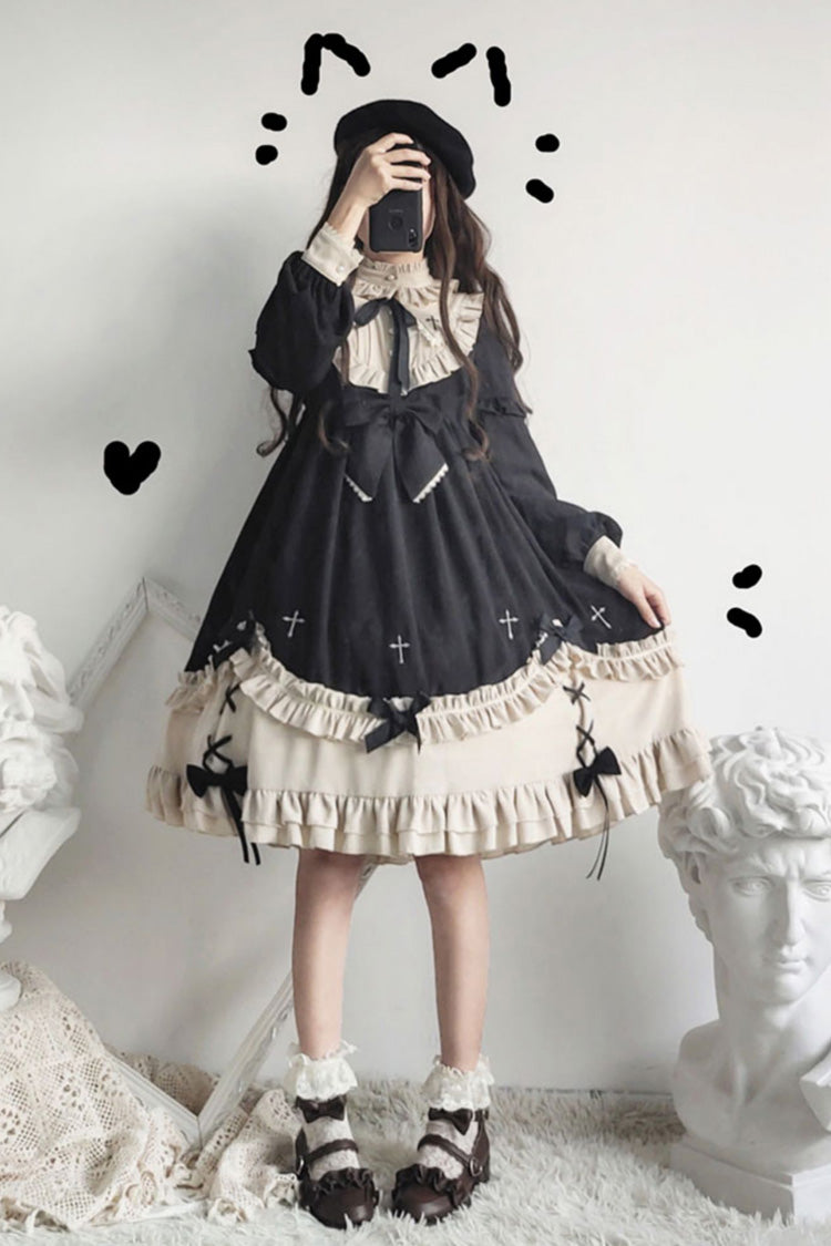 Black Round Collar Chest Bow Cross Print Ruffled Sweet Lolita Op Dress (Plus Size Version)