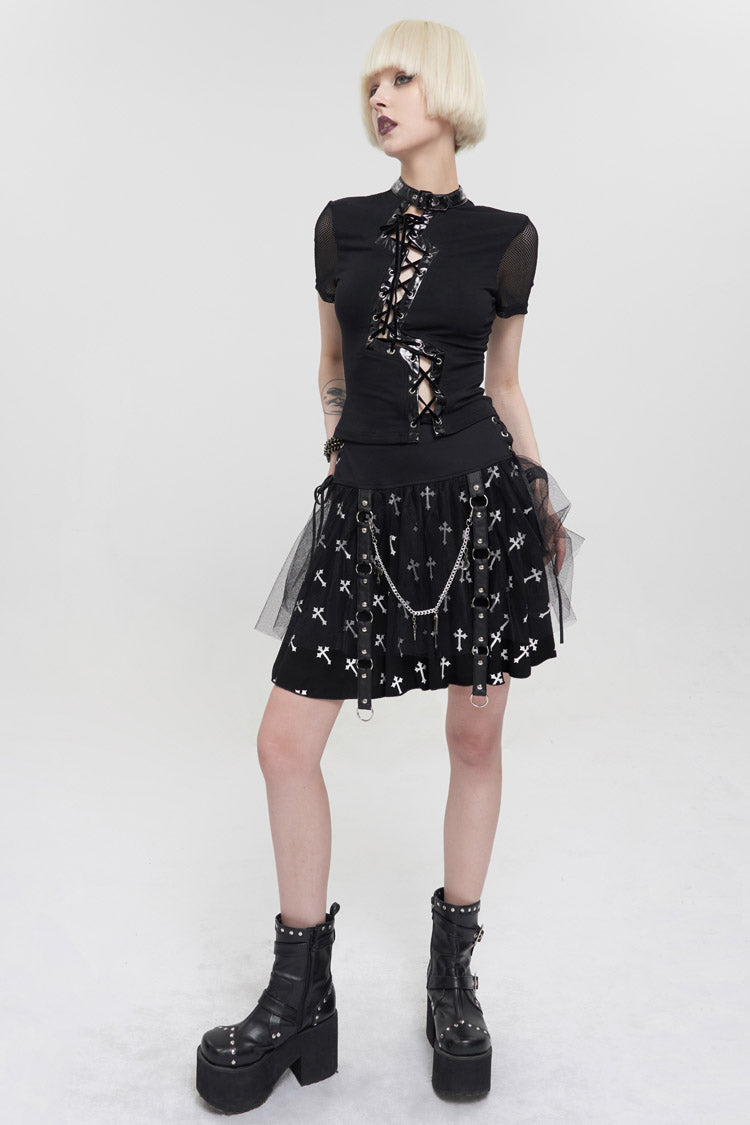 Black/White Knitted Fabric Cross Print Side Waist Straps Detachable Metal Chain Women's Punk Skirt