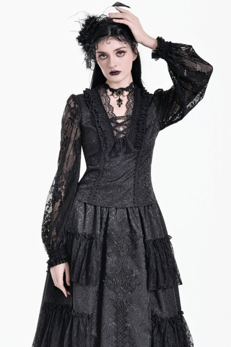 Black Long Puff Sleeves Sheer Lace Lace-Up Ruffled Women's Gothic Blouse