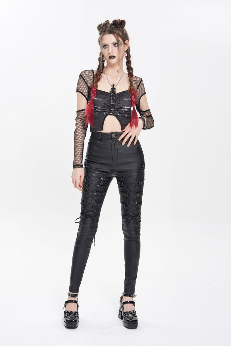 Black Lace-Up Eyelet Straps Women's Punk Pants