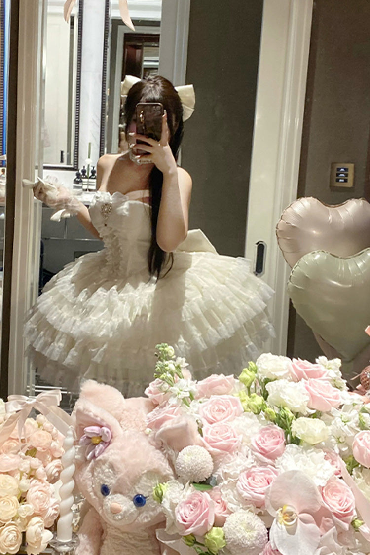 Beige [Heartbeat at First Sight] Off Shoulder Sleeveless Multi-Layered Ruffle Bowknot Lace Lace-Up Sweet Princess Gorgeous Lolita Dress