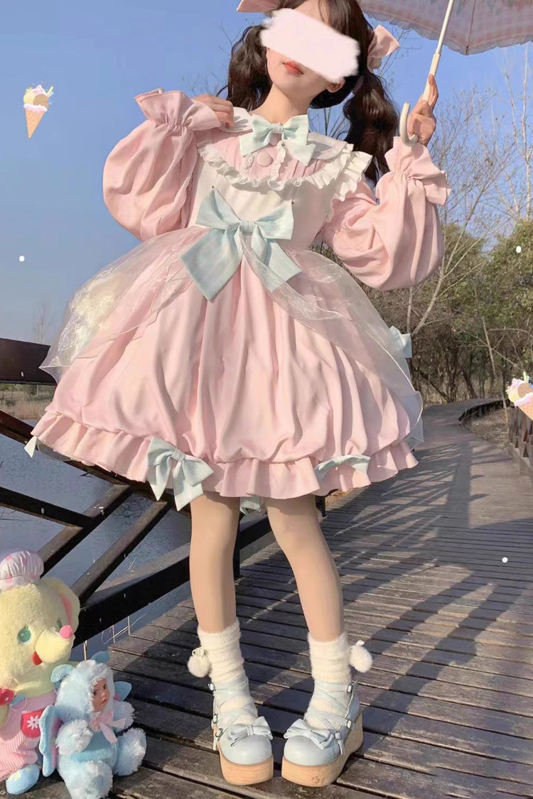 Süßes Lolita-Kleid mit langen Ärmeln und hoher Taille, Rüschen und Schleife, 3 Farben