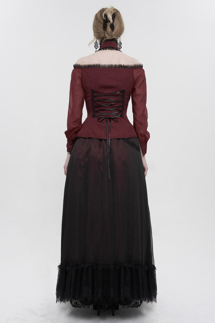 Red Lace Trim Panel Adjustable Back Long Sleeve Women's Gothic Shirt
