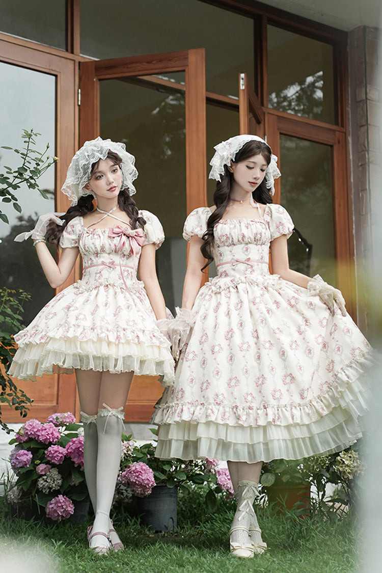Robe courte Lolita douce à manches courtes ivoire [Rose après la pluie] à imprimé triple couche avec nœud à volants et lacets 