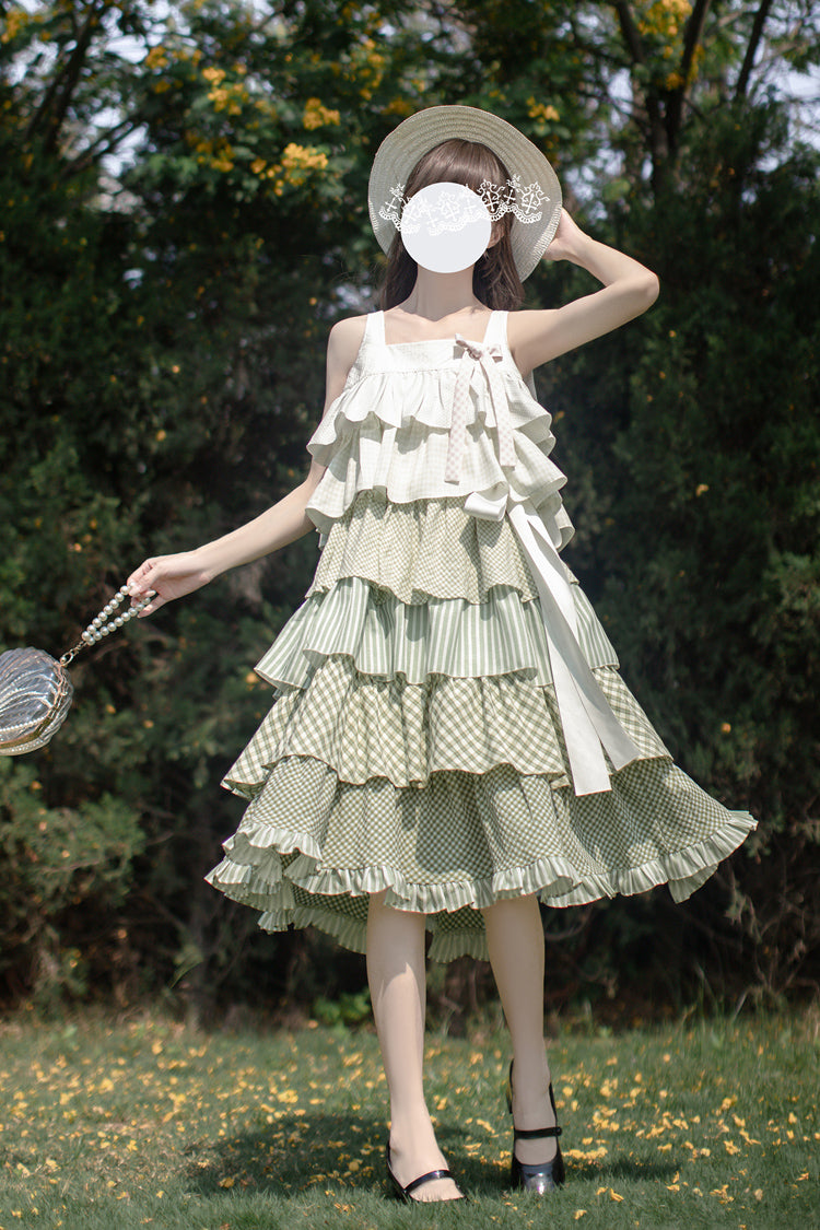 グリーン [Go To The Forest] マルチレイヤープリント フリル ホリデー スイート ロリータ ジャンパースカート ドレス 