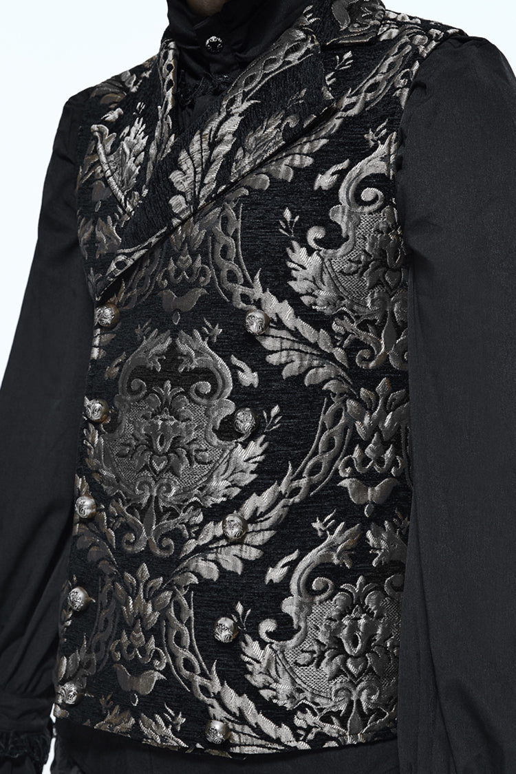 Black/Silver Palace Short Big Jacquard Pattern Men's  Gothic Waistcoat