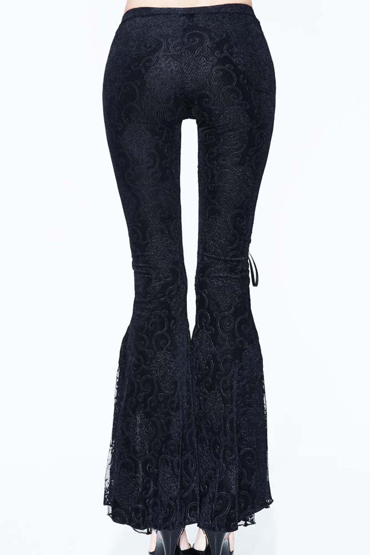 Black Palace Pattern Lace-Up Velveteen Lace Flared Women's Gothic Pants