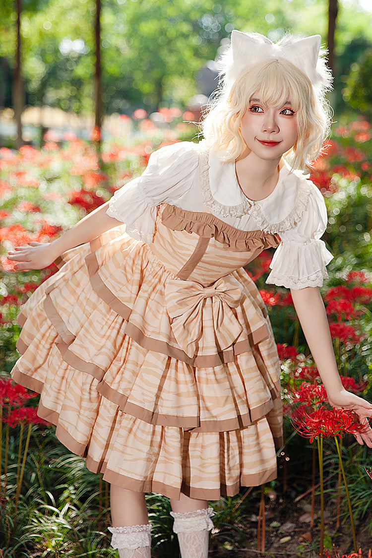 Aprikose [Cloth Cat] Süßes Lolita-Kleid mit dreilagigem Druck, Rüschen und Schleife