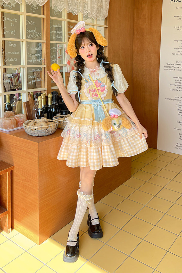Yellow [Happy Day] Short Sleeves Triple-Layered Print Bowknot Lace Sweet Princess Lolita Dress