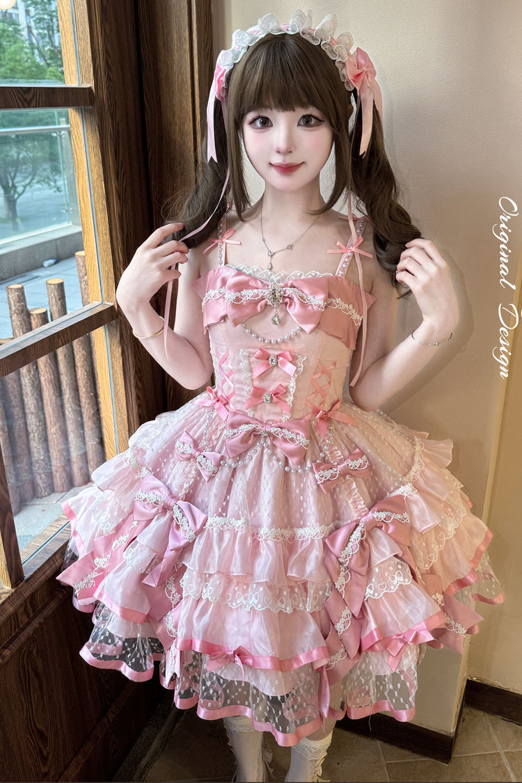 Pink [Gem Love] Sleeveless Triple-Layered Ruffle Bowknot Lace Sweet Ballet Lolita Jsk Dress