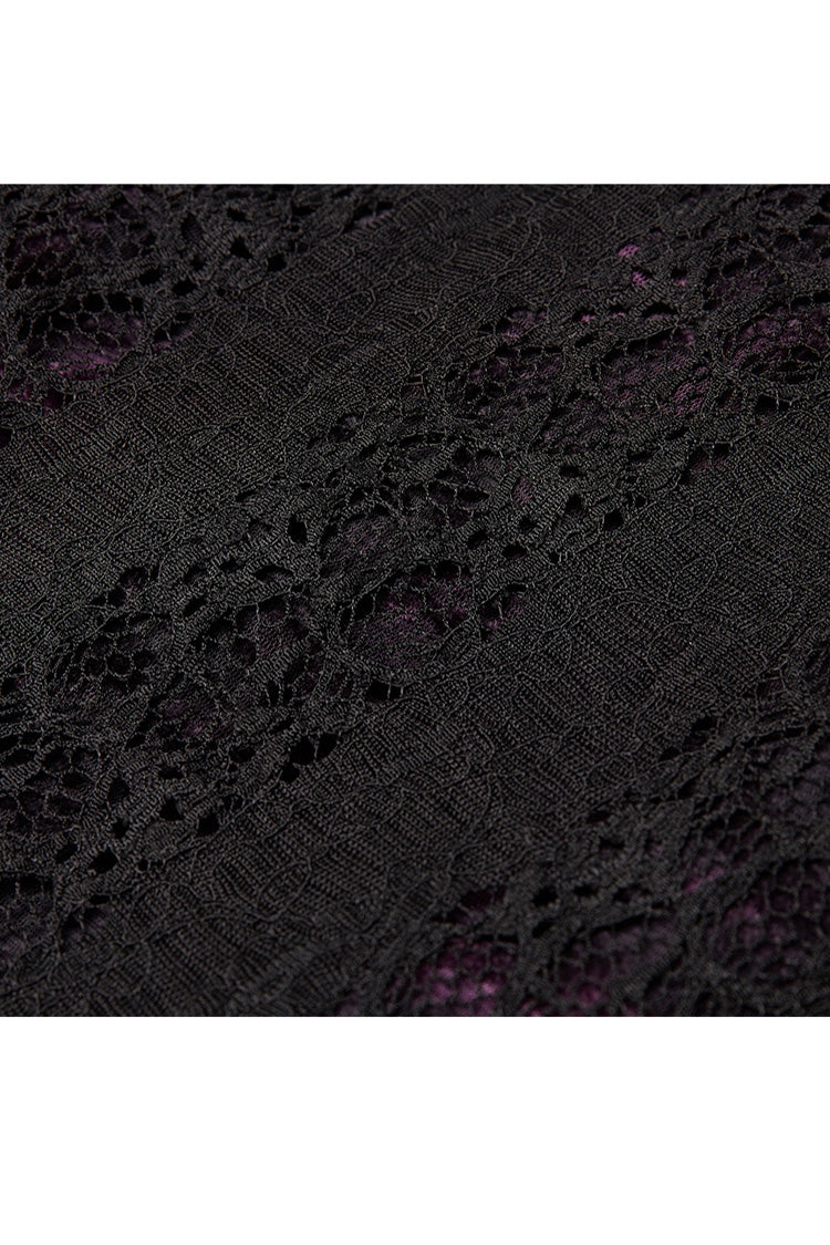 Lilafarbenes V-Ausschnitt-Vorderteil, gespleißte Rosenspitze, Netzstoff an der Rückseite, Schnürung an der Taille, unregelmäßiger Saum, Übergröße, gestricktes Gothic-T-Shirt für Damen
