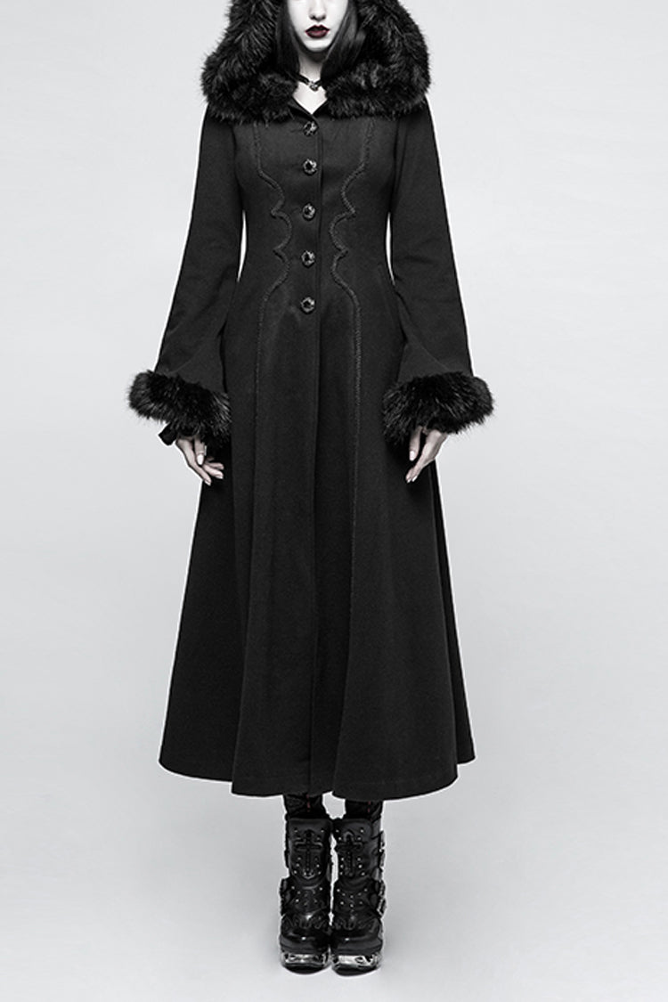 Black Hooded Print Womens Single-Breasted Long Maxi Gothic Coat