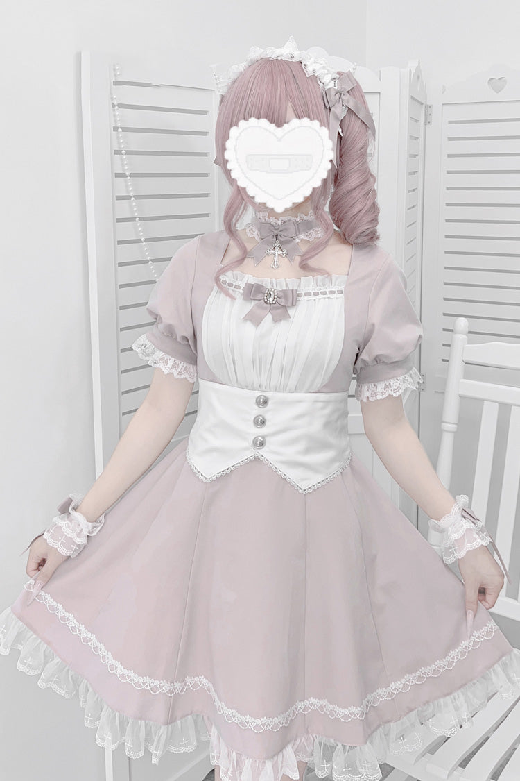 Pink/White Short Sleeves Ruffle Bowknot Cross Waist Maid Sweet Japanese Lolita Dress Set
