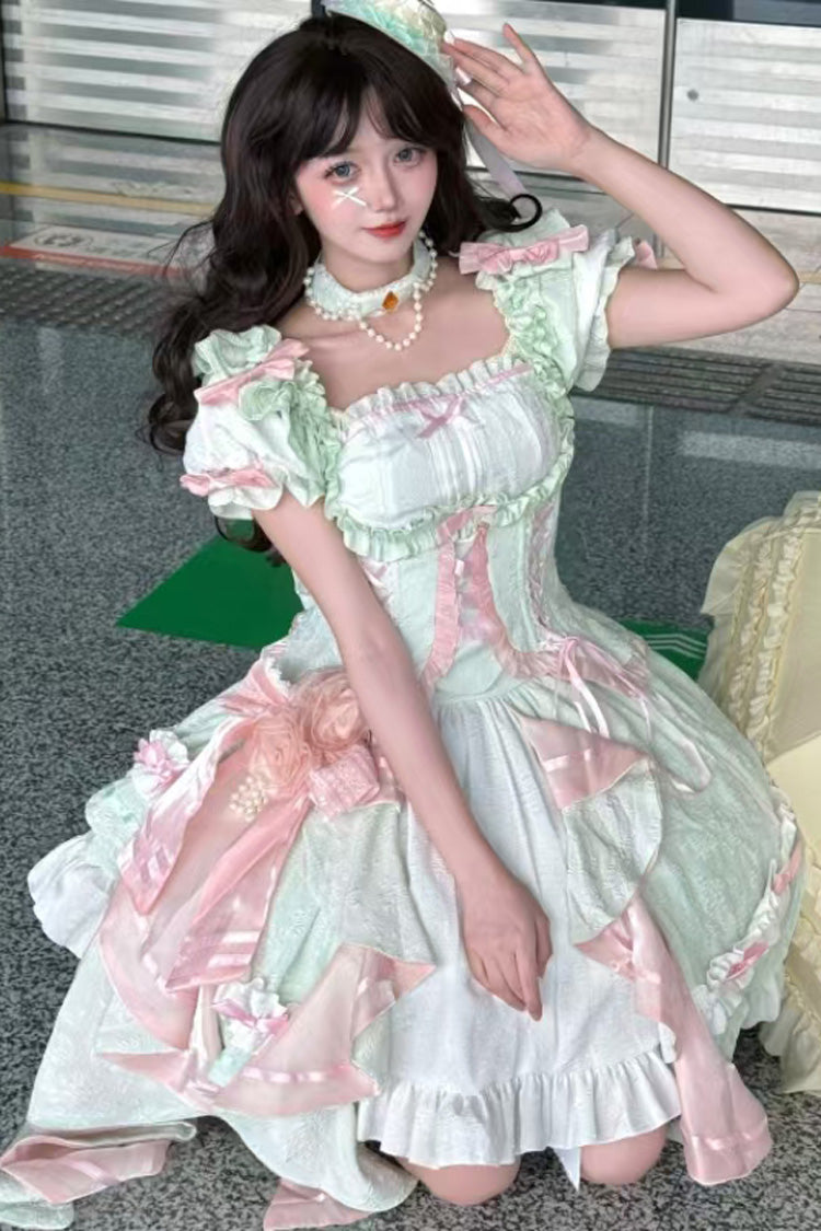 [Spring Overture] Square Collar Short Sleeves Ruffle Cardigan Bowknot Lace Sweet Elegant Lolita Skirt Set 4 Colors