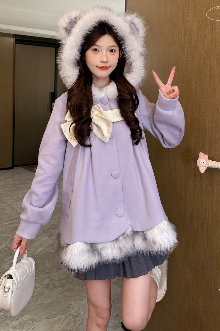 Purple Long Sleeves Plush-Trim Polka Dot Printed Bow Hooded Sweet Lolita Coat