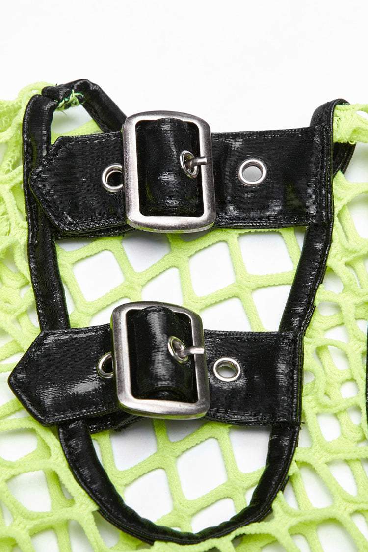 Green Long Sleeve Round Collar Shoulder Hollow Out Leather Hasp Coarse Mesh Women's Punk T-Shirt