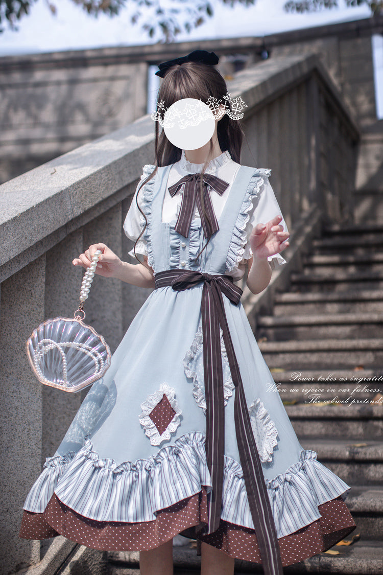 Blue [Magic Vocal Club] Sleeveless Print Ruffle Bowknot Sweet Alice College Style Elegant Lolita Jumper Dress