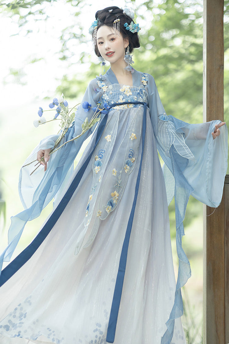 Bleu [Princesse de la mer] Hime manches taille haute brodée ensemble de robe Hanfu douce pour femmes