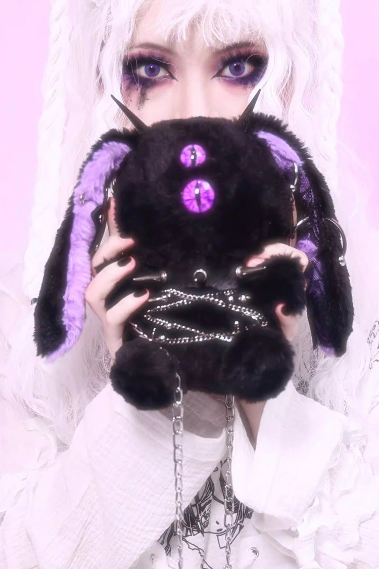 ブラック/パープル【デーモンバニー隻眼人形】チェーン飾りゴスロリクロスボディバッグ
