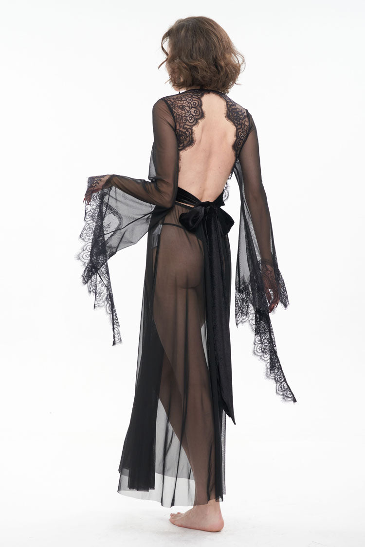 Schwarzes, perspektivisches, sexy, rückenfreies Kleid mit V-Ausschnitt und Schnürung und ausgestellten Ärmeln für Damen im Gothic-Stil