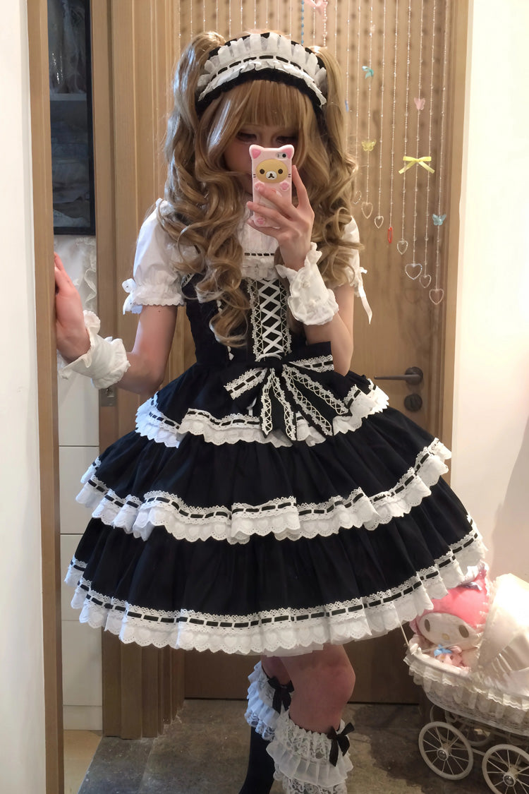 Schwarzes [Maiden Heart] dreilagiges Rüschen-Schleifen-Spitzen-Süßes-Lolita-Jsk-Kleid 