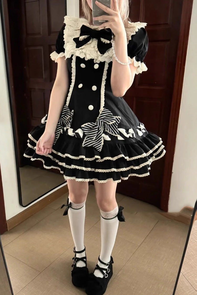 Black [Striped Layered] Short Sleeves Multi-Layered Ruffle Bowknot Sweet Princess Lolita Tiered Dress