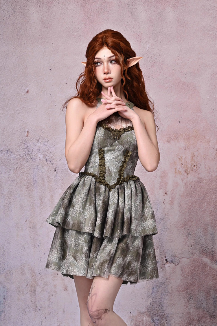 Light Green Halterneck Double-Layered Print Ruffle Lace Tie-dyed Vintage Jsk Dress