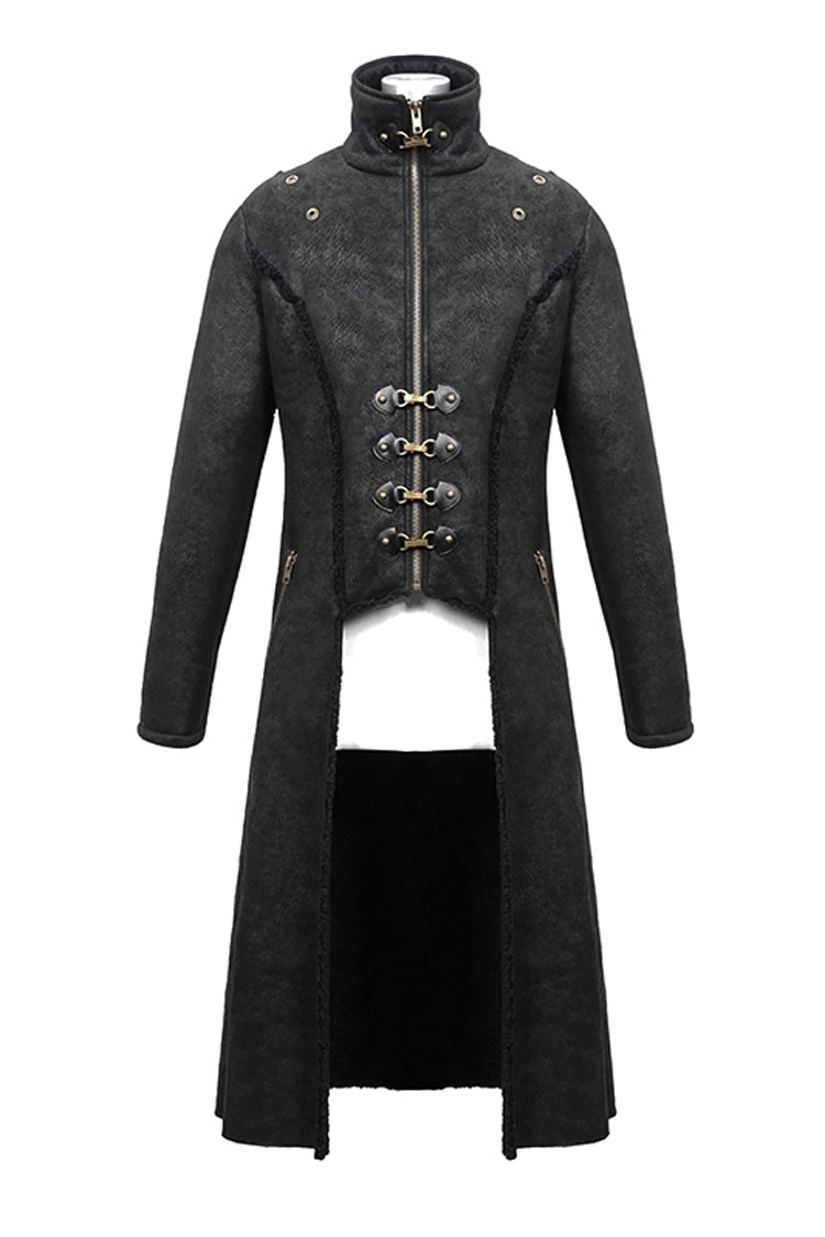 Black Stand Up Collar Shoulder Fur Cape Front Metal Hasp Chest Loops Long Fur Men's Punk Coat