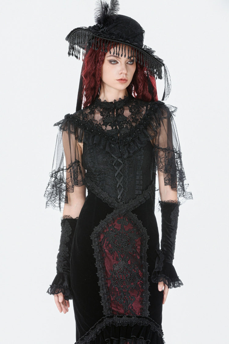 Schwarzes, ärmelloses, gerüschtes, mit Spitze gespleißtes Mesh-Damen-Gothic-Cape